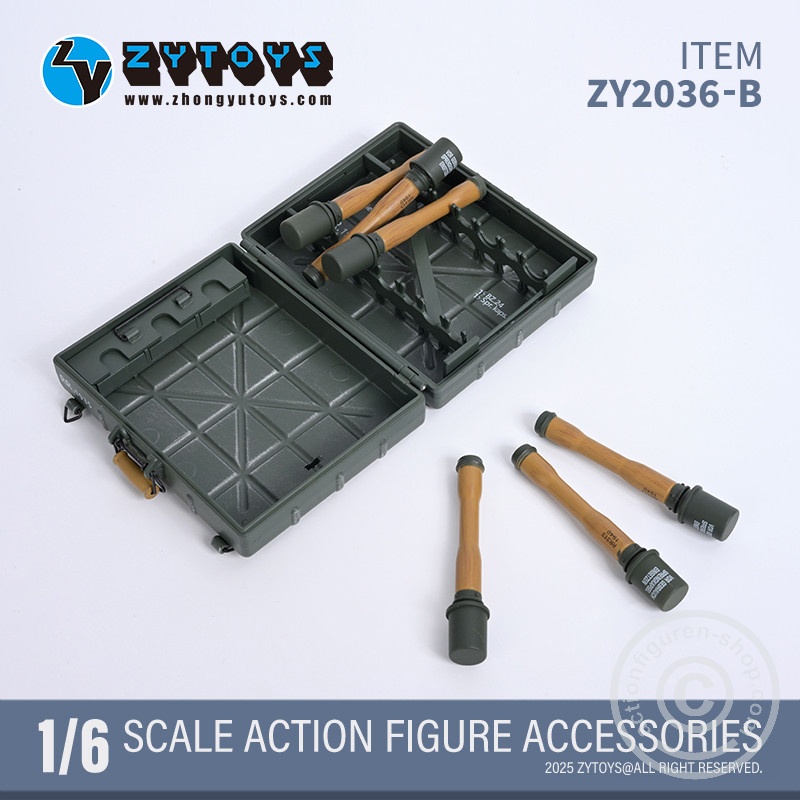 Handgranaten Packkasten Typ24 w/ 6 Stick-Grenades & 3 Detonators – grey color - in 1/6 scale Handgranaten Packkasten Typ24 w/ 6 Stick-Grenades & 3 Detonators – grey color - in 1/6 scale