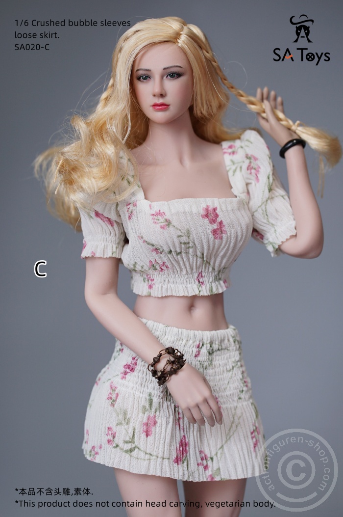 SATSA020C-02 Crushed bubble sleeves Top w/ loose skirt - rice white