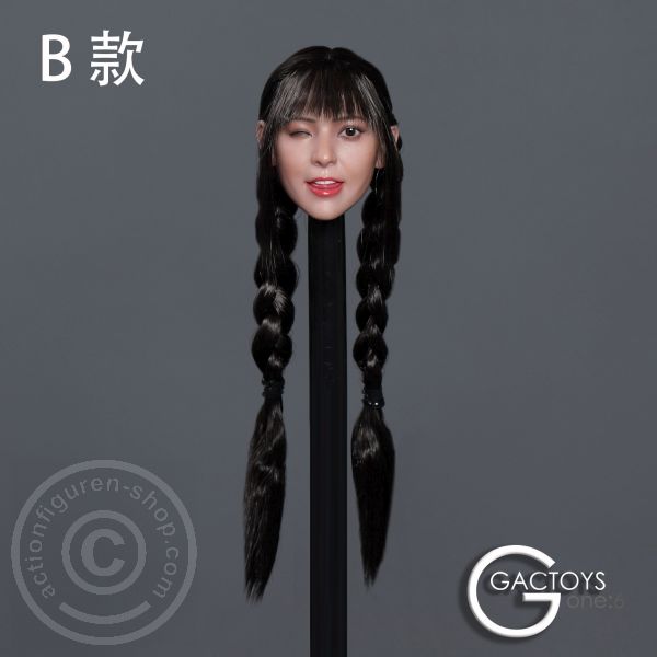Female Head long black Hair w/ 2 braids - one closed Eye