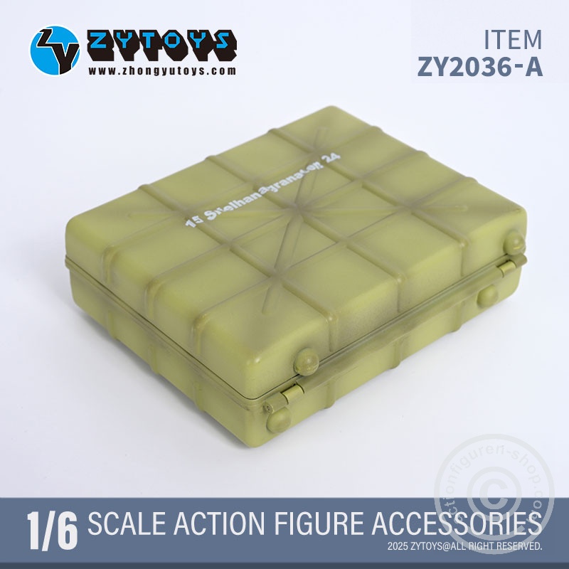 Handgranaten Packkasten Typ24 w/ 6 Stick-Grenades & 3 Detonators – sand color - in 1/6 scale Handgranaten Packkasten Typ24 w/ 6 Stick-Grenades & 3 Detonators – sand color - in 1/6 scale