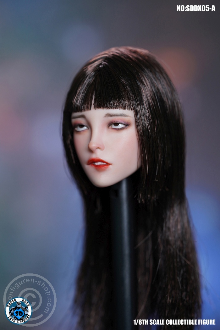 Female Character Head w/ movable Eyes - long black Hair