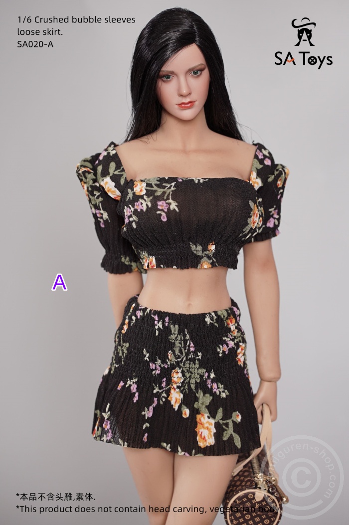 SATSA020A-03 Crushed bubble sleeves Top w/ loose skirt - black
