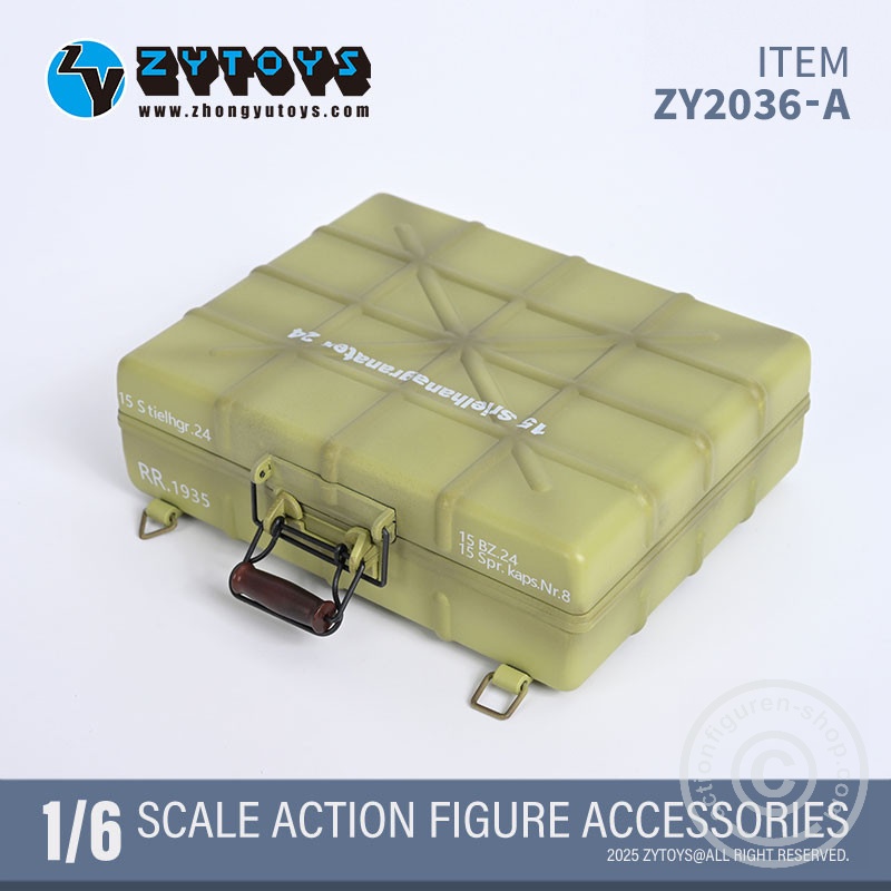 Handgranaten Packkasten Typ24 w/ 6 Stick-Grenades & 3 Detonators – sand color - in 1/6 scale Handgranaten Packkasten Typ24 w/ 6 Stick-Grenades & 3 Detonators – sand color - in 1/6 scale