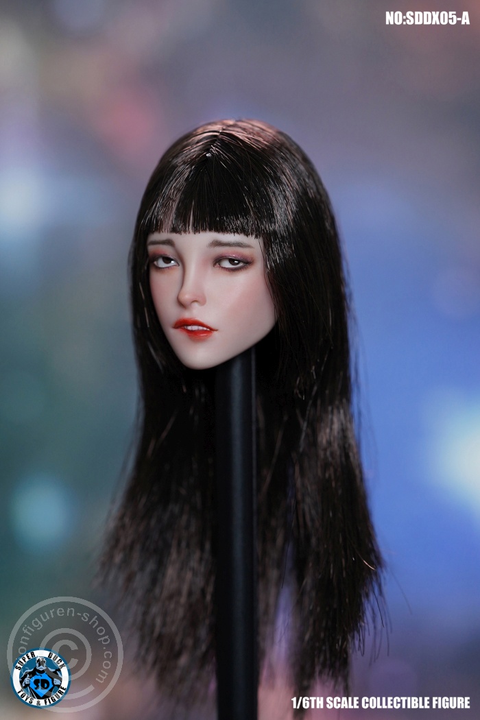 Female Character Head w/ movable Eyes - long black Hair