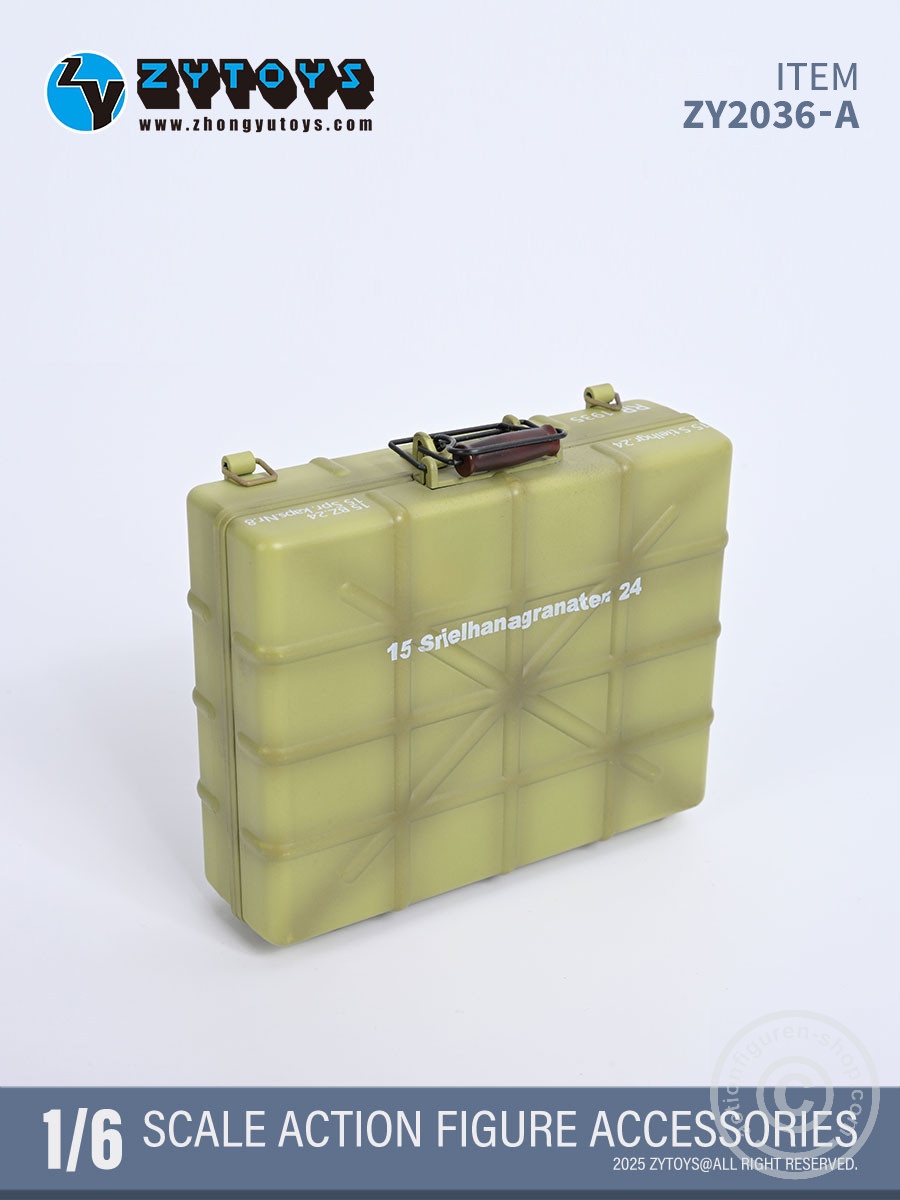 Handgranaten Packkasten Typ24 w/ 6 Stick-Grenades & 3 Detonators – sand color - in 1/6 scale Handgranaten Packkasten Typ24 w/ 6 Stick-Grenades & 3 Detonators – sand color - in 1/6 scale