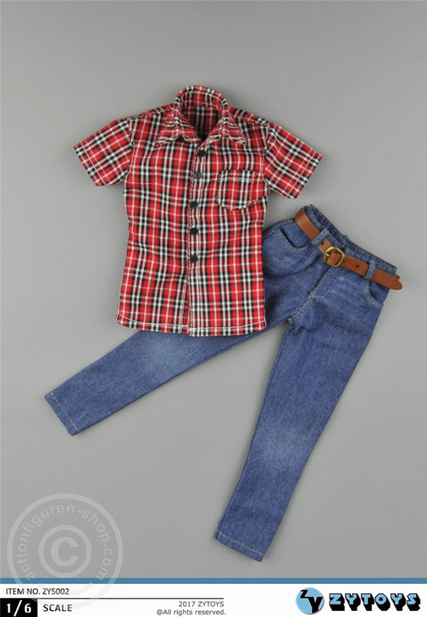 ZY5002-01 Kariertes Hemd mit Jeans und Gürtel
