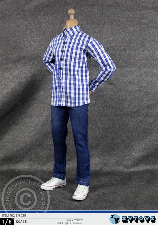 ZY5028-03 Kariertes Hemd mit Jeans und Gürtel