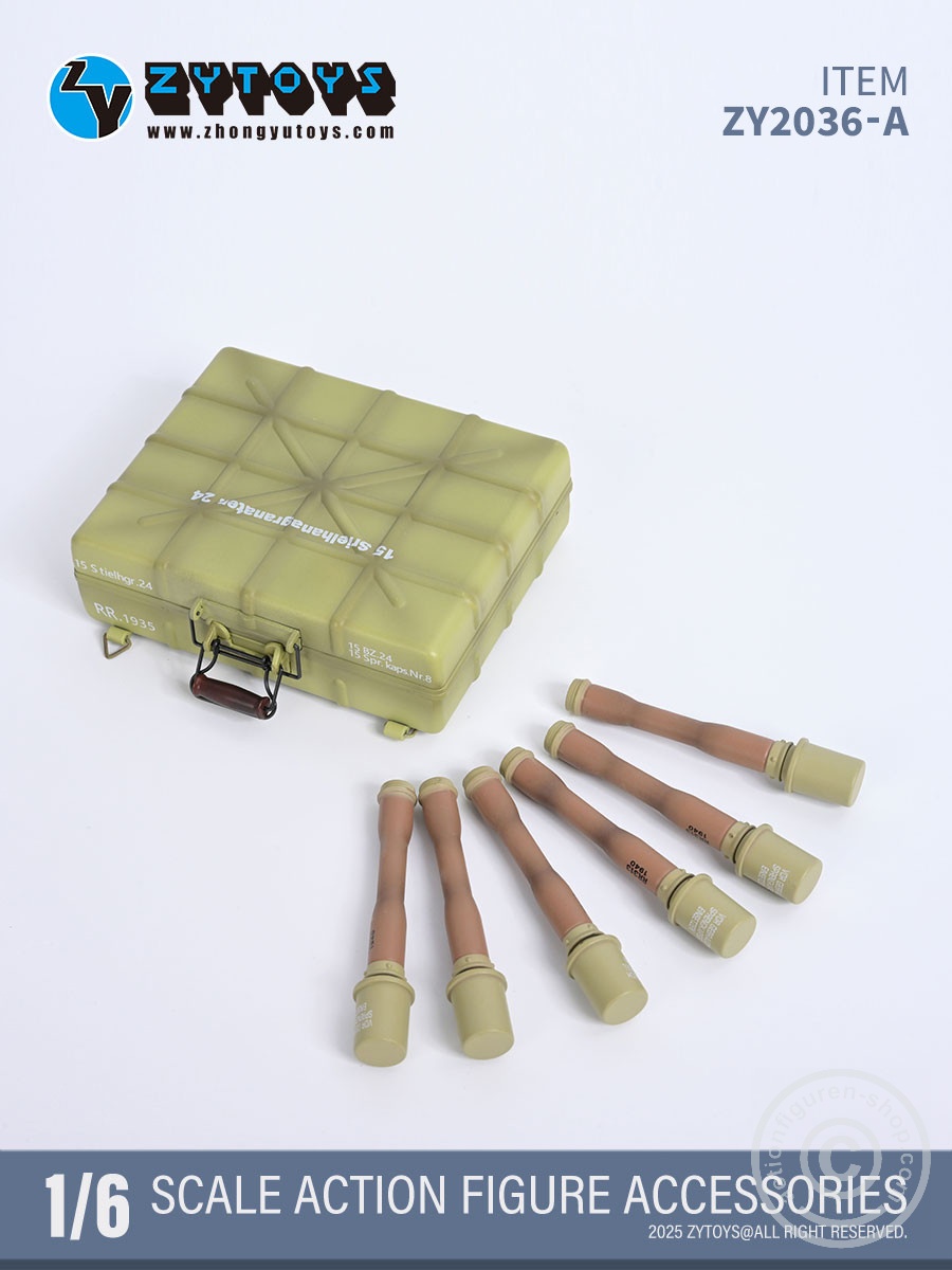 Handgranaten Packkasten Typ24 w/ 6 Stick-Grenades & 3 Detonators – sand color - in 1/6 scale Handgranaten Packkasten Typ24 w/ 6 Stick-Grenades & 3 Detonators – sand color - in 1/6 scale