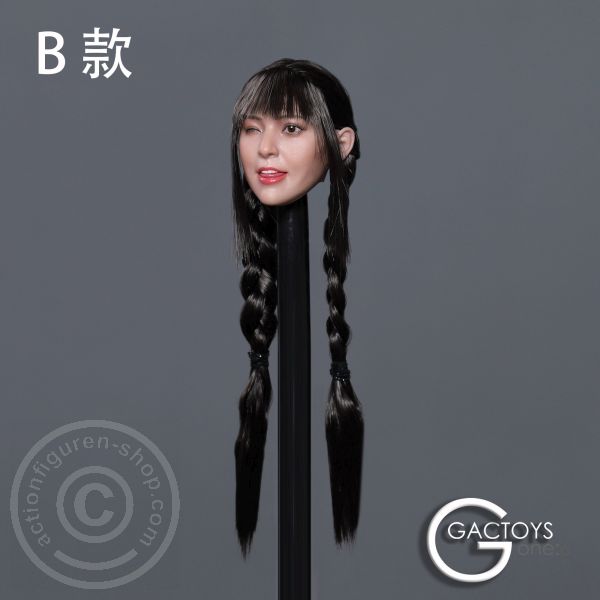 Female Head long black Hair w/ 2 braids - one closed Eye