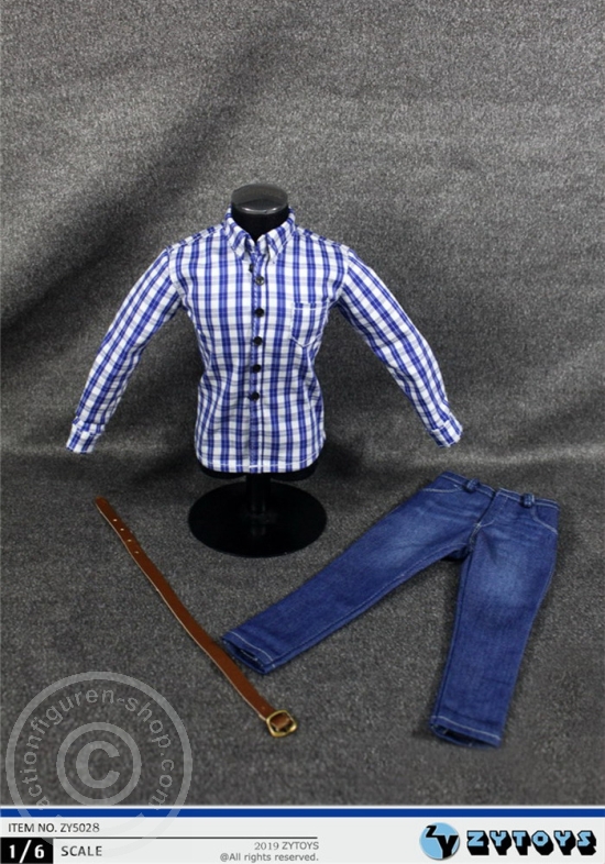 ZY5028-01 Kariertes Hemd mit Jeans und Gürtel