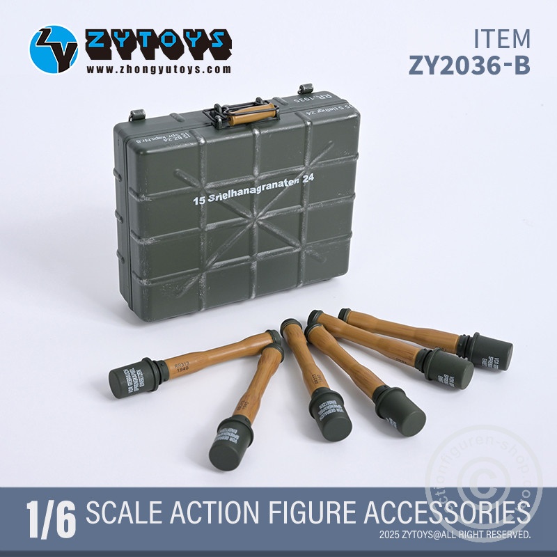 Handgranaten Packkasten Typ24 w/ 6 Stick-Grenades & 3 Detonators – grey color - in 1/6 scale Handgranaten Packkasten Typ24 w/ 6 Stick-Grenades & 3 Detonators – grey color - in 1/6 scale