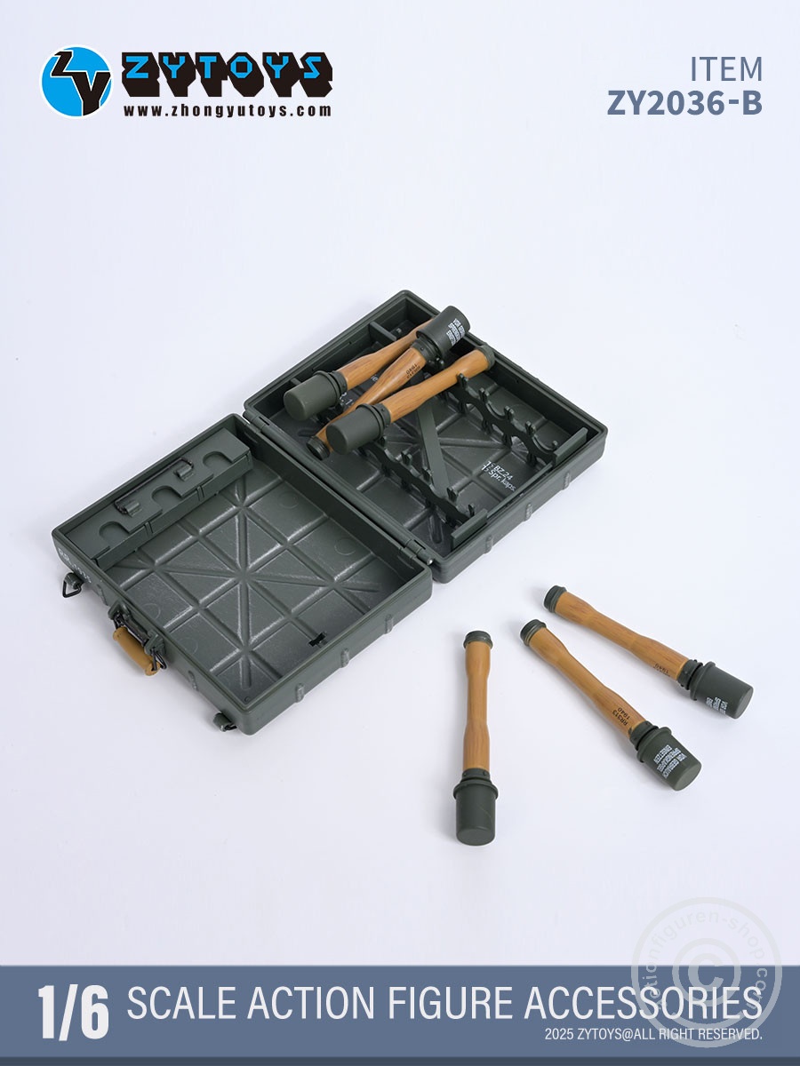 Handgranaten Packkasten Typ24 w/ 6 Stick-Grenades & 3 Detonators – grey color - in 1/6 scale Handgranaten Packkasten Typ24 w/ 6 Stick-Grenades & 3 Detonators – grey color - in 1/6 scale