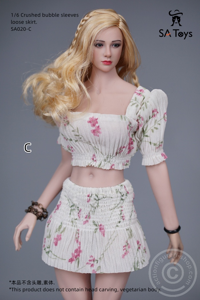 Crushed bubble sleeves Top w/ loose skirt - rice white