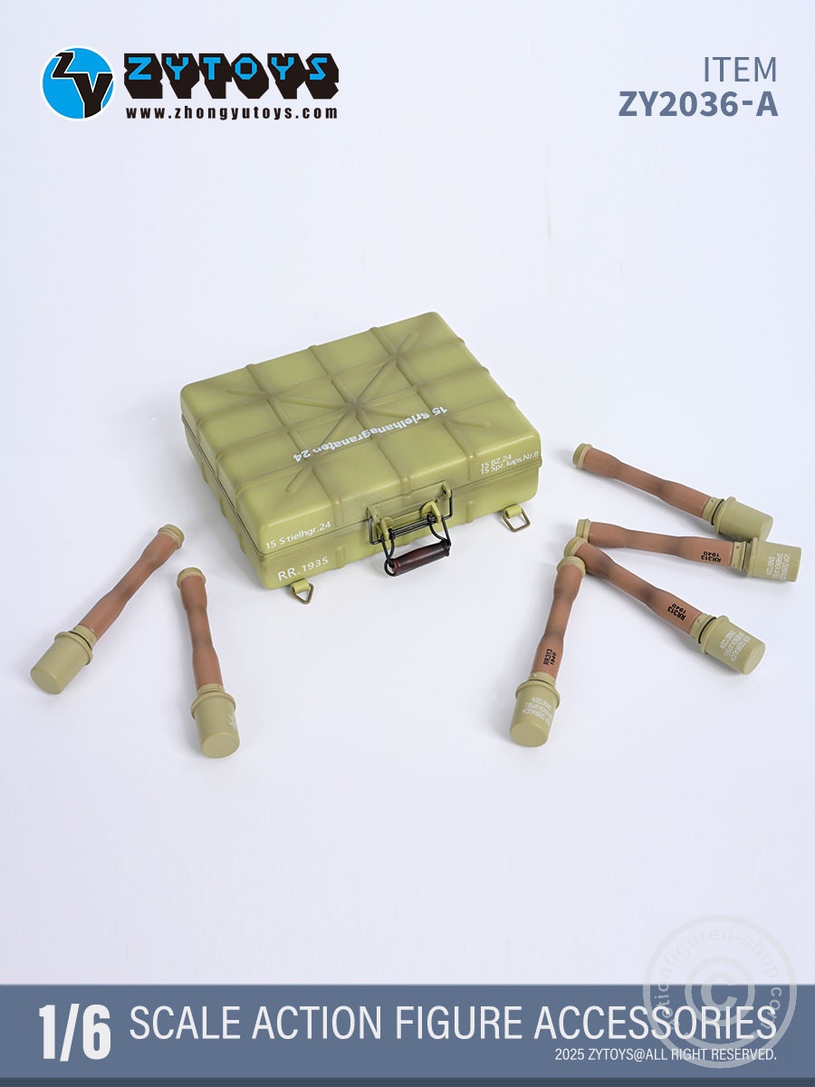 Handgranaten Packkasten Typ24 w/ 6 Stick-Grenades & 3 Detonators – sand color - in 1/6 scale Handgranaten Packkasten Typ24 w/ 6 Stick-Grenades & 3 Detonators – sand color - in 1/6 scale