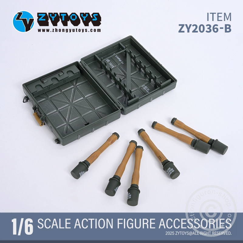 Handgranaten Packkasten Typ24 w/ 6 Stick-Grenades & 3 Detonators – grey color - in 1/6 scale Handgranaten Packkasten Typ24 w/ 6 Stick-Grenades & 3 Detonators – grey color - in 1/6 scale