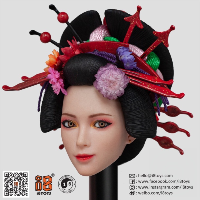 I8-C002B-06 Oiran Ichiya - Green & Red Long Furisode w/ Head