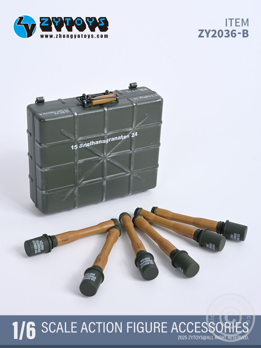 Handgranaten Packkasten Typ24 w/ 6 Stick-Grenades & 3 Detonators – grey color - in 1/6 scale Handgranaten Packkasten Typ24 w/ 6 Stick-Grenades & 3 Detonators – grey color - in 1/6 scale