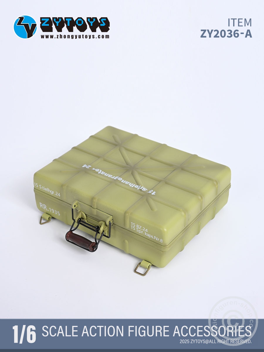 Handgranaten Packkasten Typ24 w/ 6 Stick-Grenades & 3 Detonators – sand color - in 1/6 scale Handgranaten Packkasten Typ24 w/ 6 Stick-Grenades & 3 Detonators – sand color - in 1/6 scale